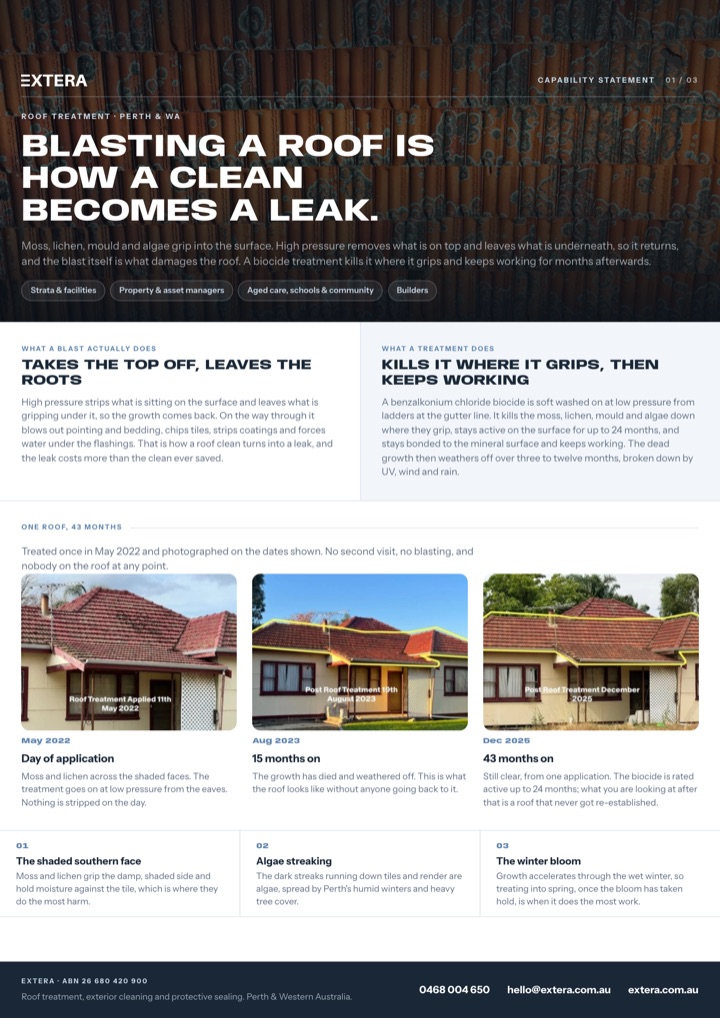 Cover page of the Extera roof treatment capability statement